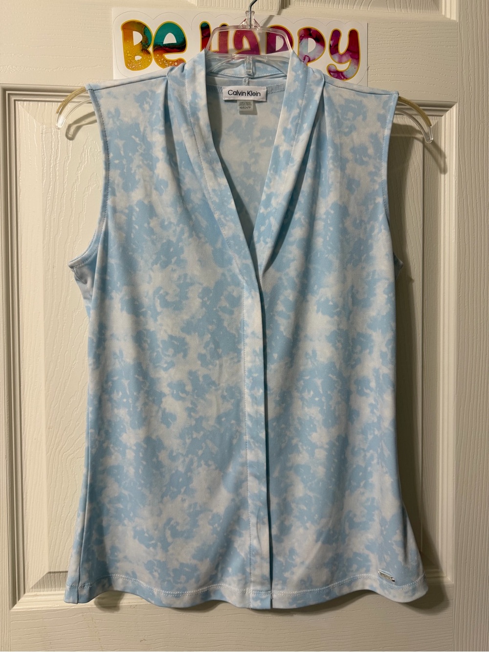 Calvin Klein Sky Blue & White Sleeveless V-Neck Blouse